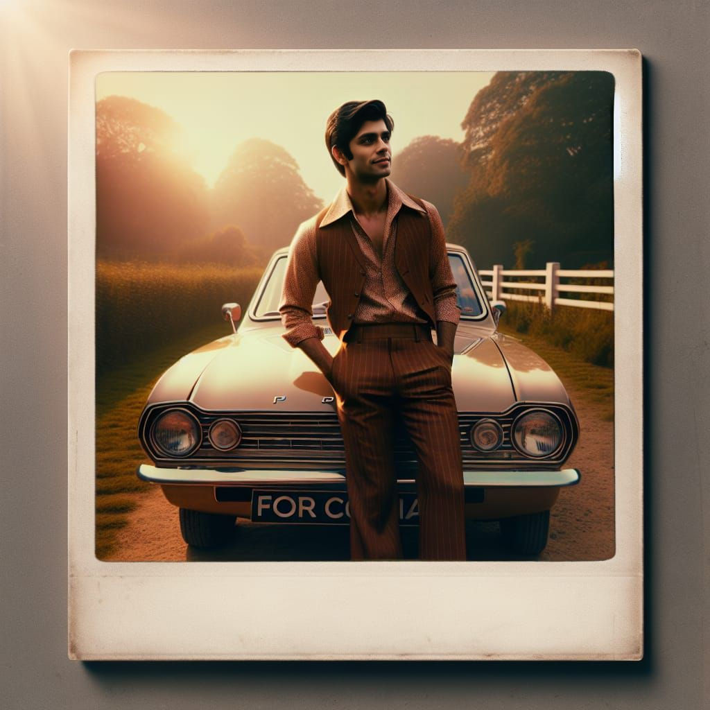Vintage Polaroid Photo of South Asian Man and Ford Cortina