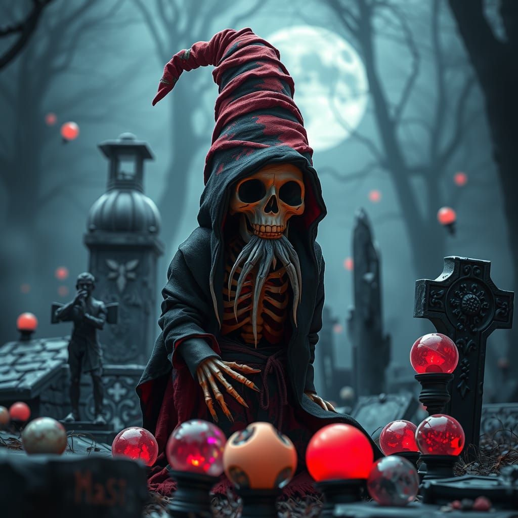 Gothic Skeleton Gnome in Graveyard, Surreal Art
