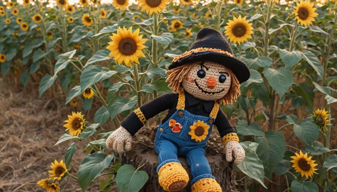 Amigurumi Scarecrow Doll in Sunflower Field: 3D Digital Art