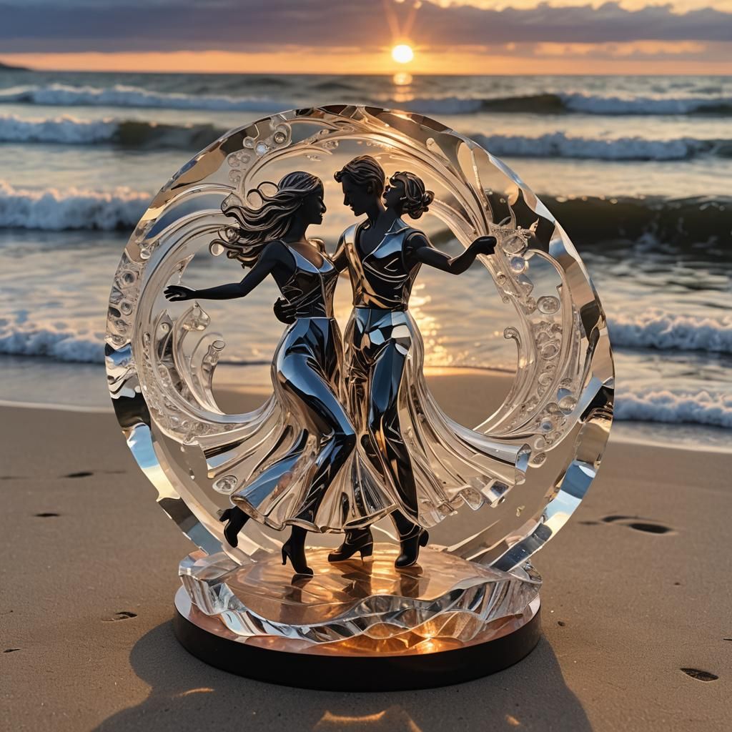 Crystal Sculpture of Couple Dancing at Sunset