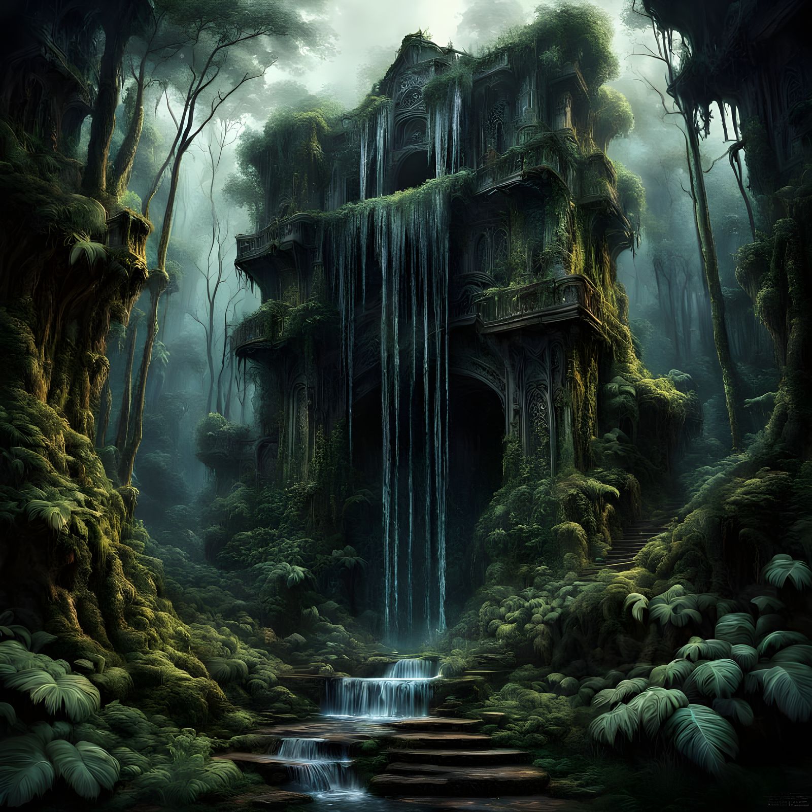 Romantic Goth Forest Cascade in Impasto Style