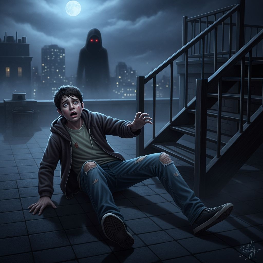 Terrified Boy and Ghostly Figure on Rooftop