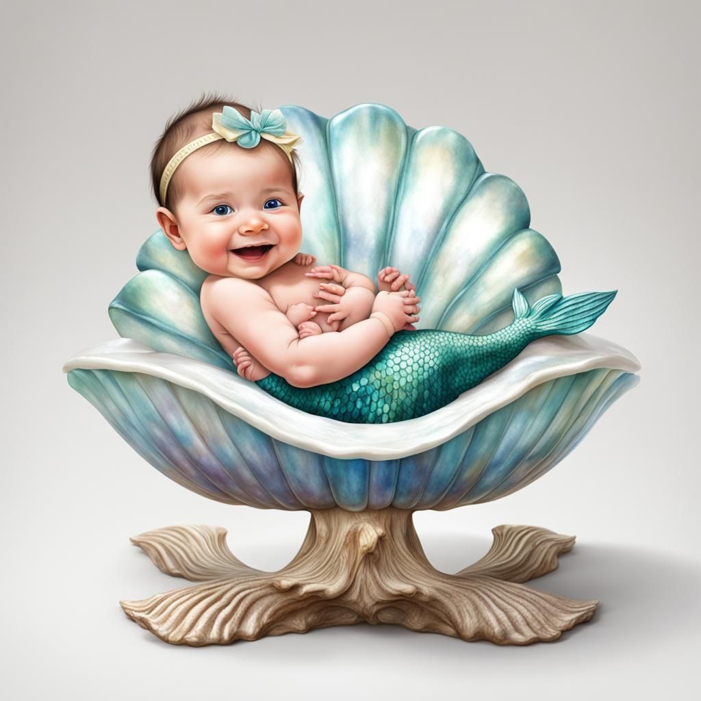 Smiling Newborn Mermaid on Clamshell Chair Illustration