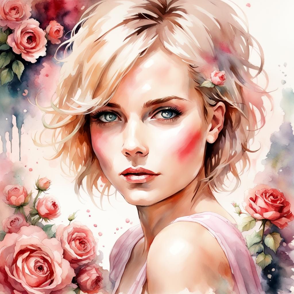 Watercolor Portrait of Gina Surrounded by Roses
