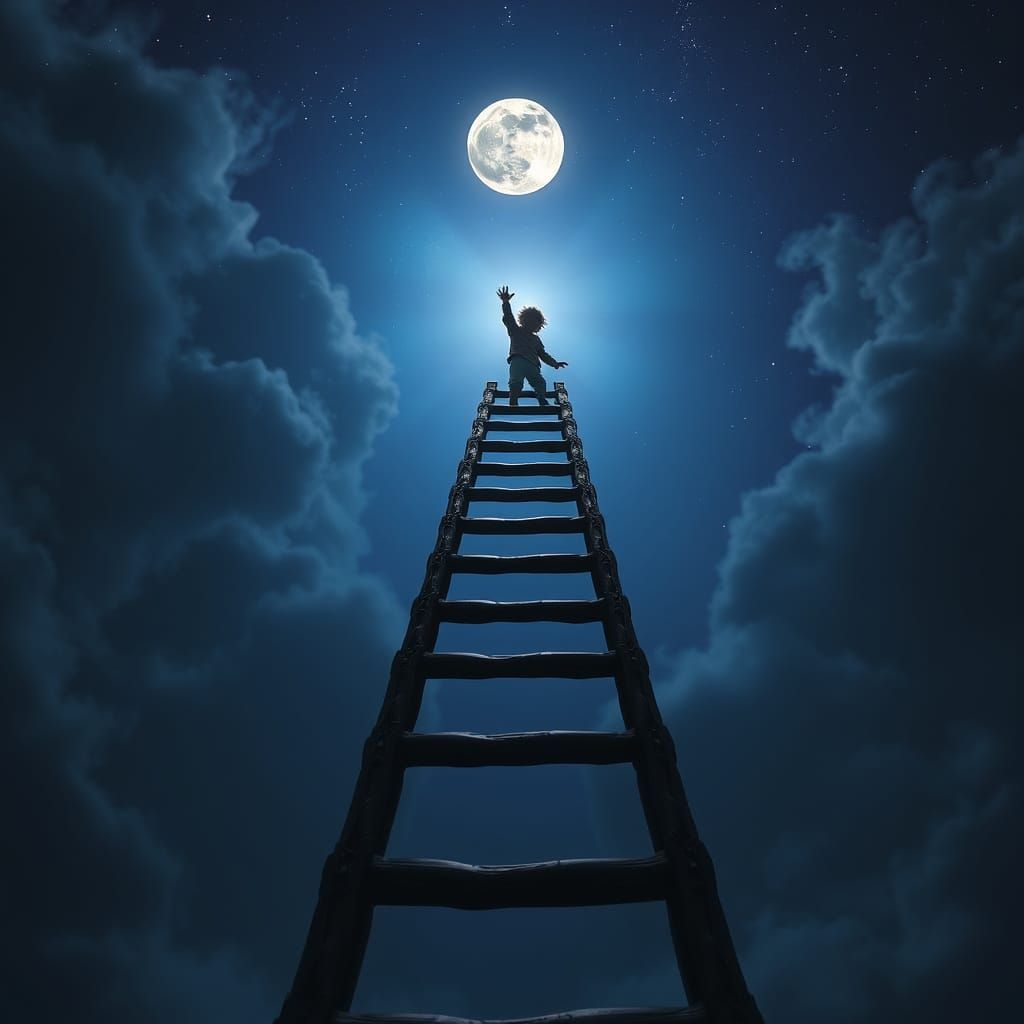 Whimsical Ladder Reaches for the Moon in a Dreamlike Night S...