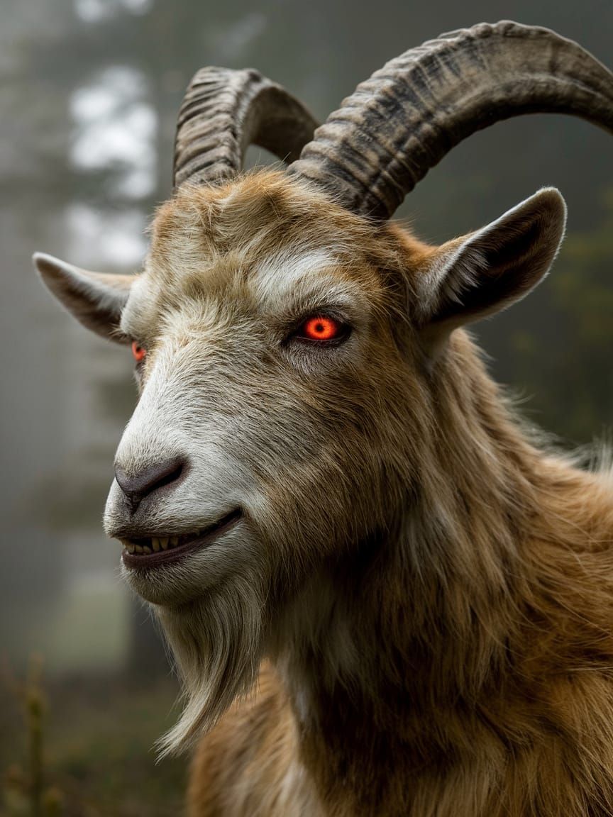 Focus on a close-up of the Goatman's face in the mist, empha...