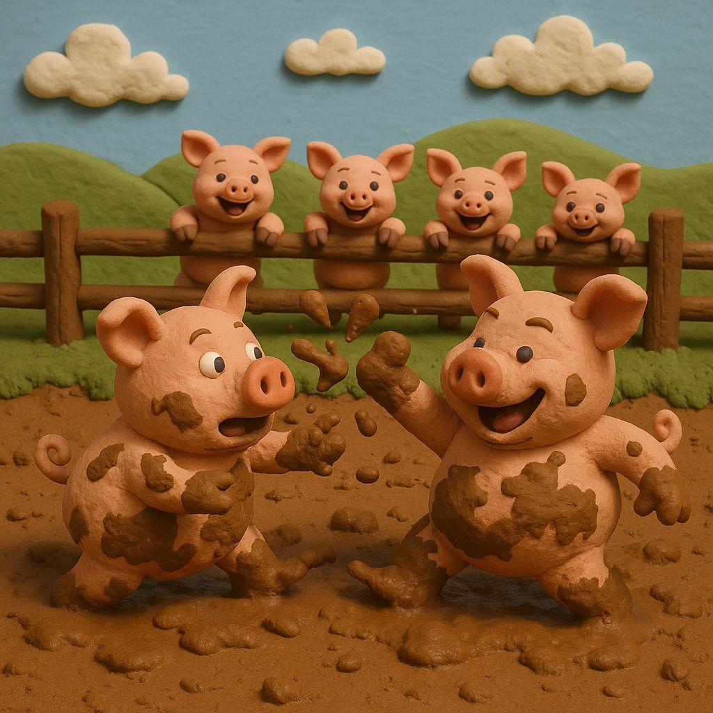 Claymation Mud Fight in a Pig Pen