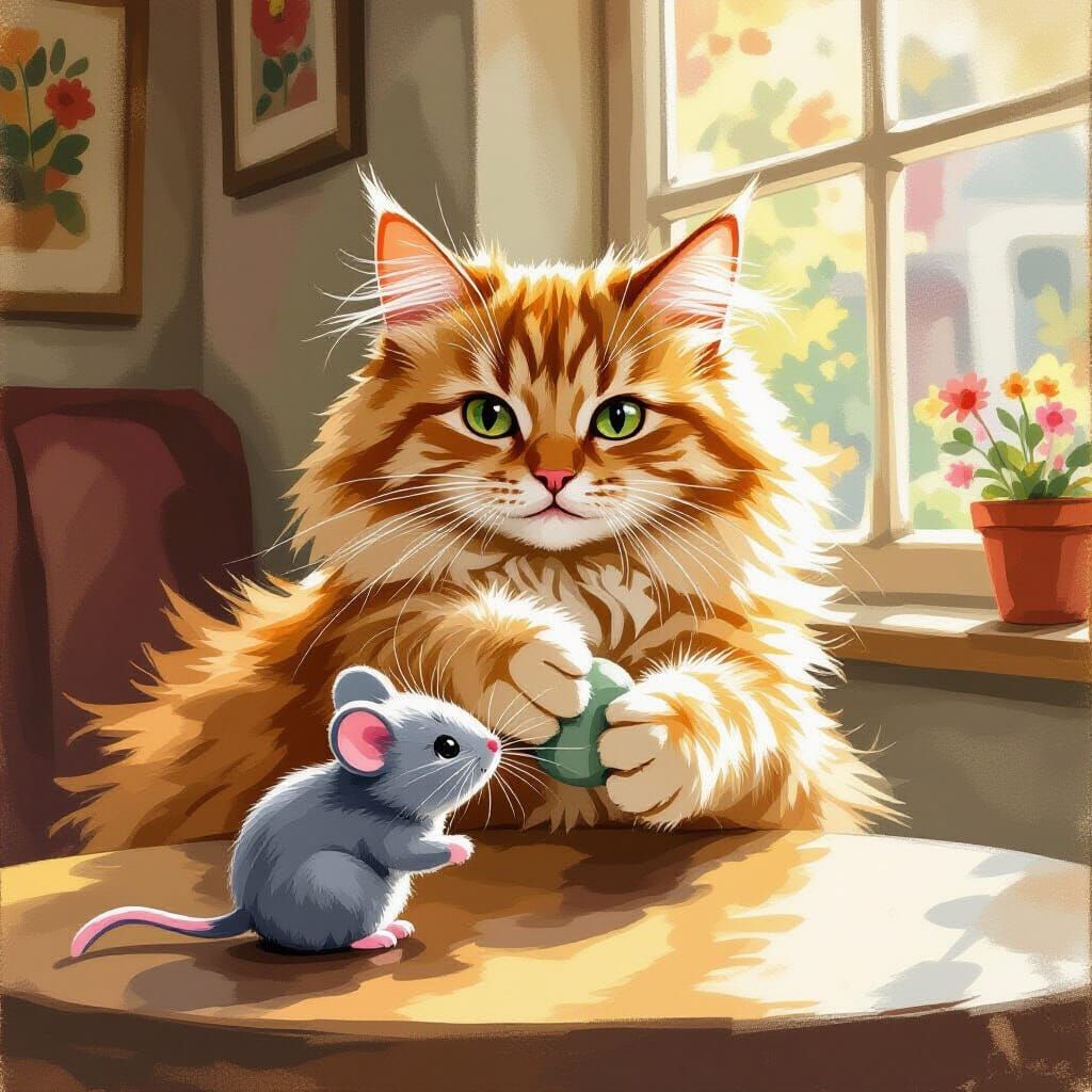 Fluffy Cat Plays with Toy Mouse in Cozy Cafe Gouache Paintin...