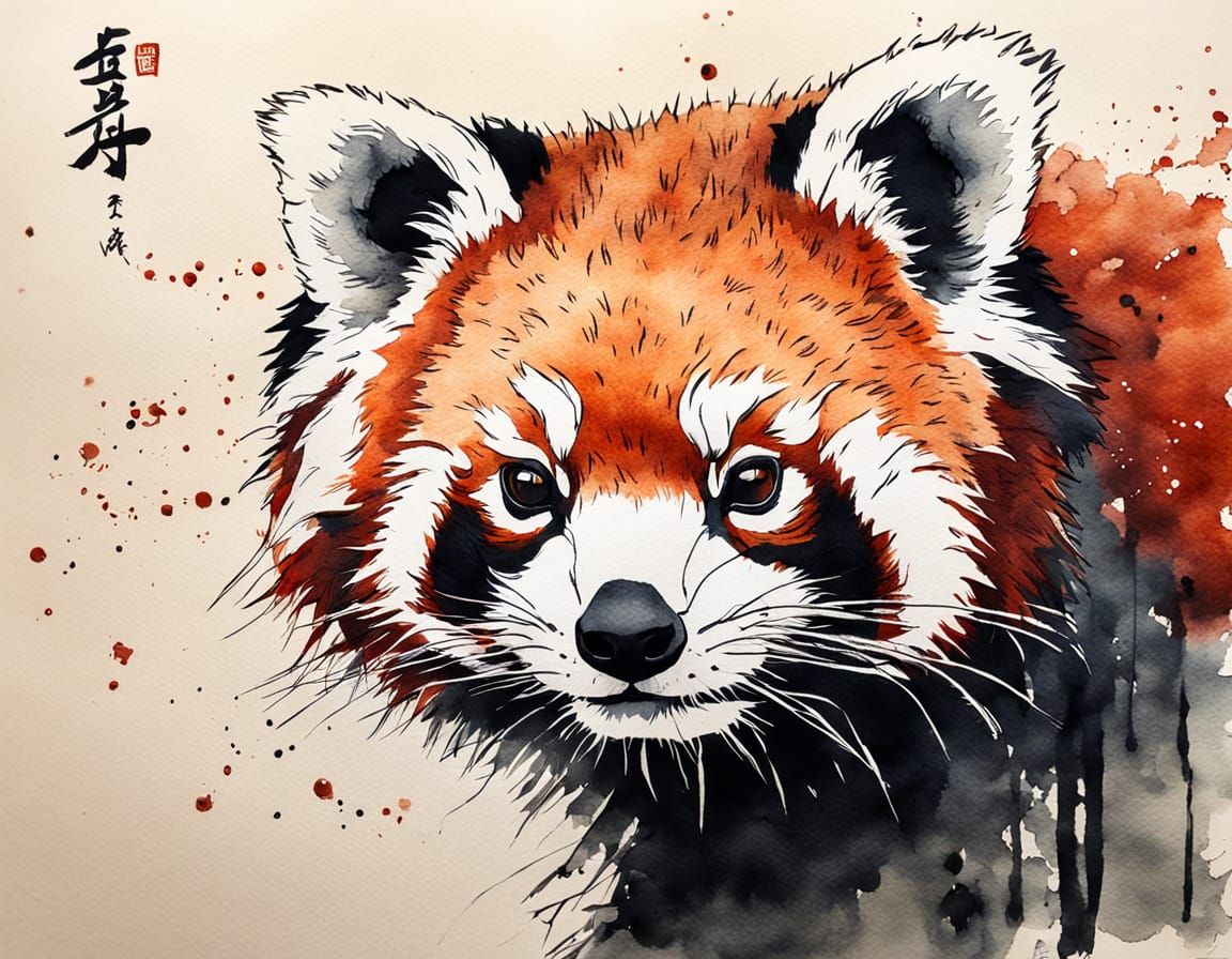 Red Panda Ink Sketch in Sumi-e Style