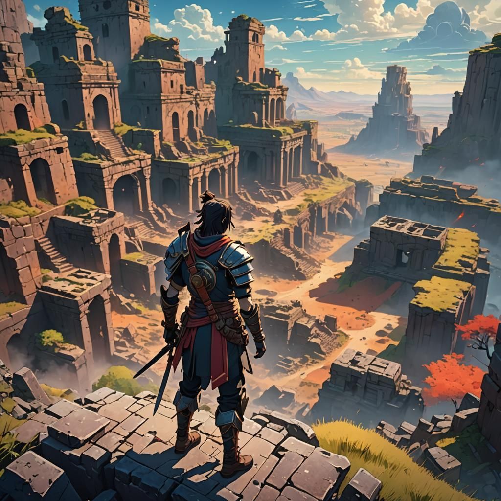 Anime Warrior in Ancient Wasteland Ruins