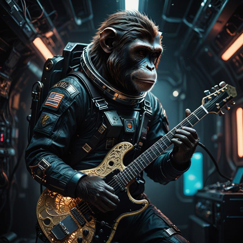 Cyberpunk Astronaut Plays Electric Guitar in Cosmos