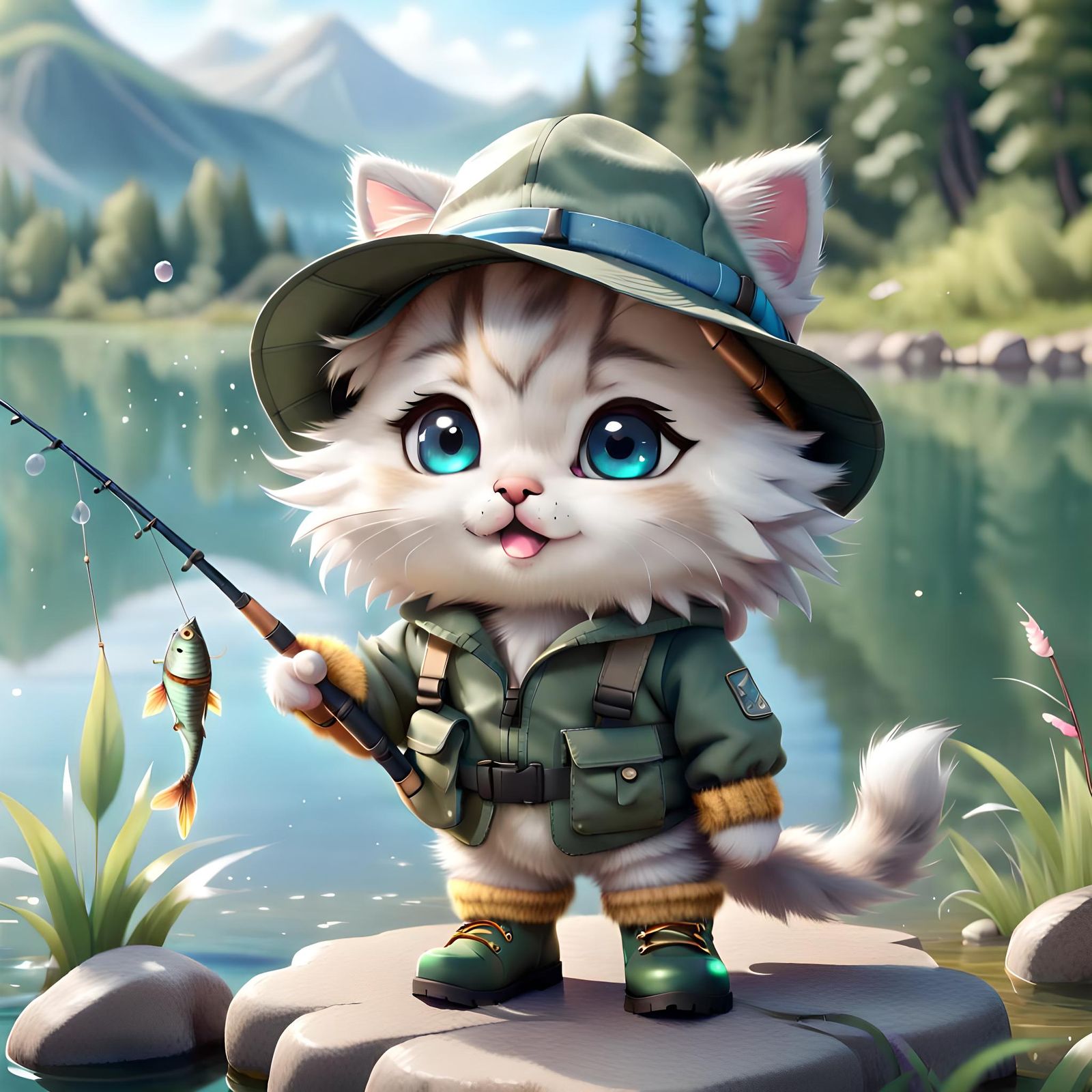 Happy Chibi Kitten Fishing in Lake