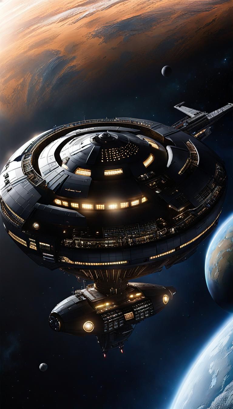 Earth-Carrying Katamaran Spaceship in DaiDark Manga Style