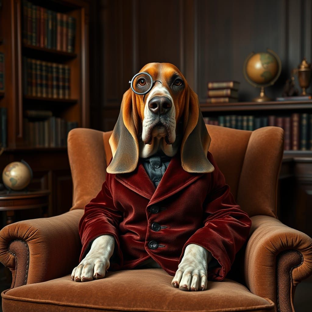 Regal Basset Hound in Smoking Jacket with Monocle