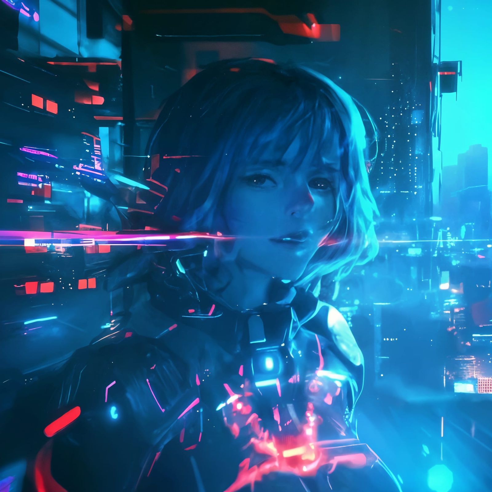 Serbian Woman's Face in Misty Cyberpunk Metropolis