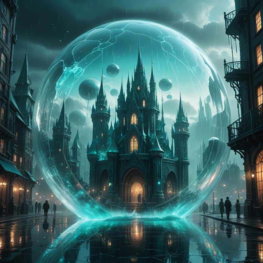 Glowing Crystal City in Bubble Over Turquoise Ocean