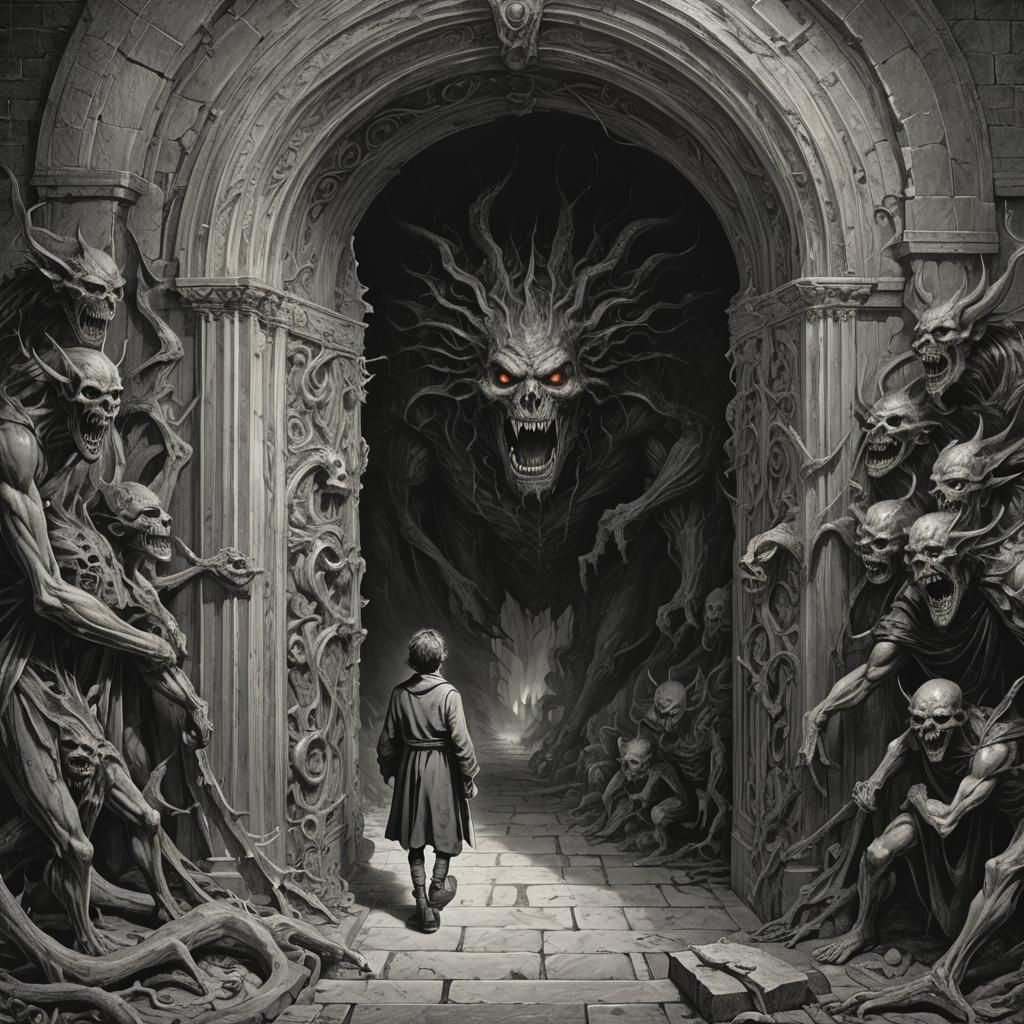 Boy Steps Through Demon Portal: Horror Art