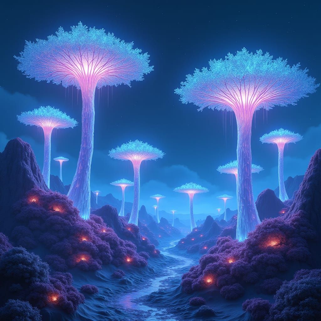 Bioluminescent Alien Landscape in a Surreal Style