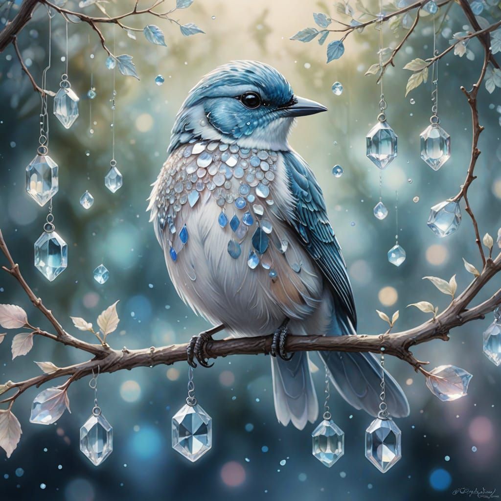 Icy Crystal Bird Portrait with Silver Filigree