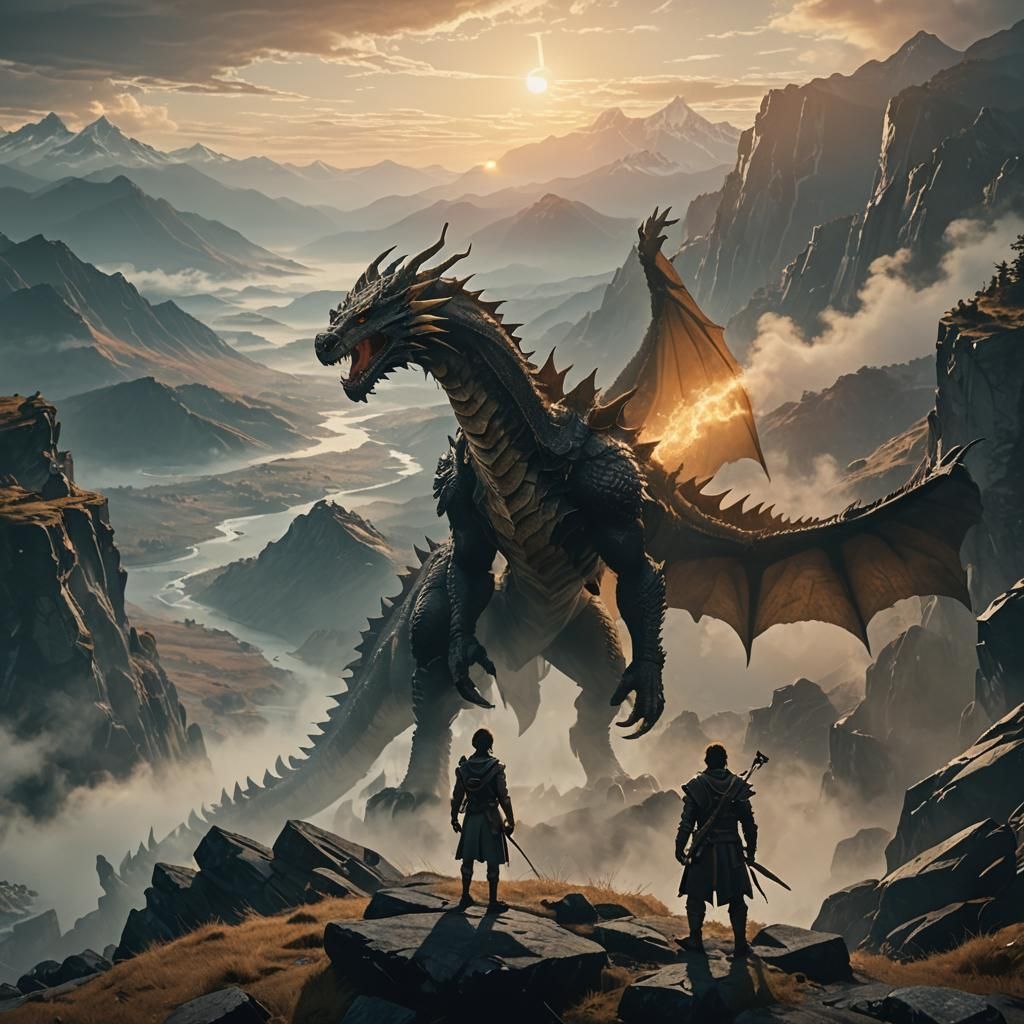 Dovahkiin and Dragon at Cliff's Edge