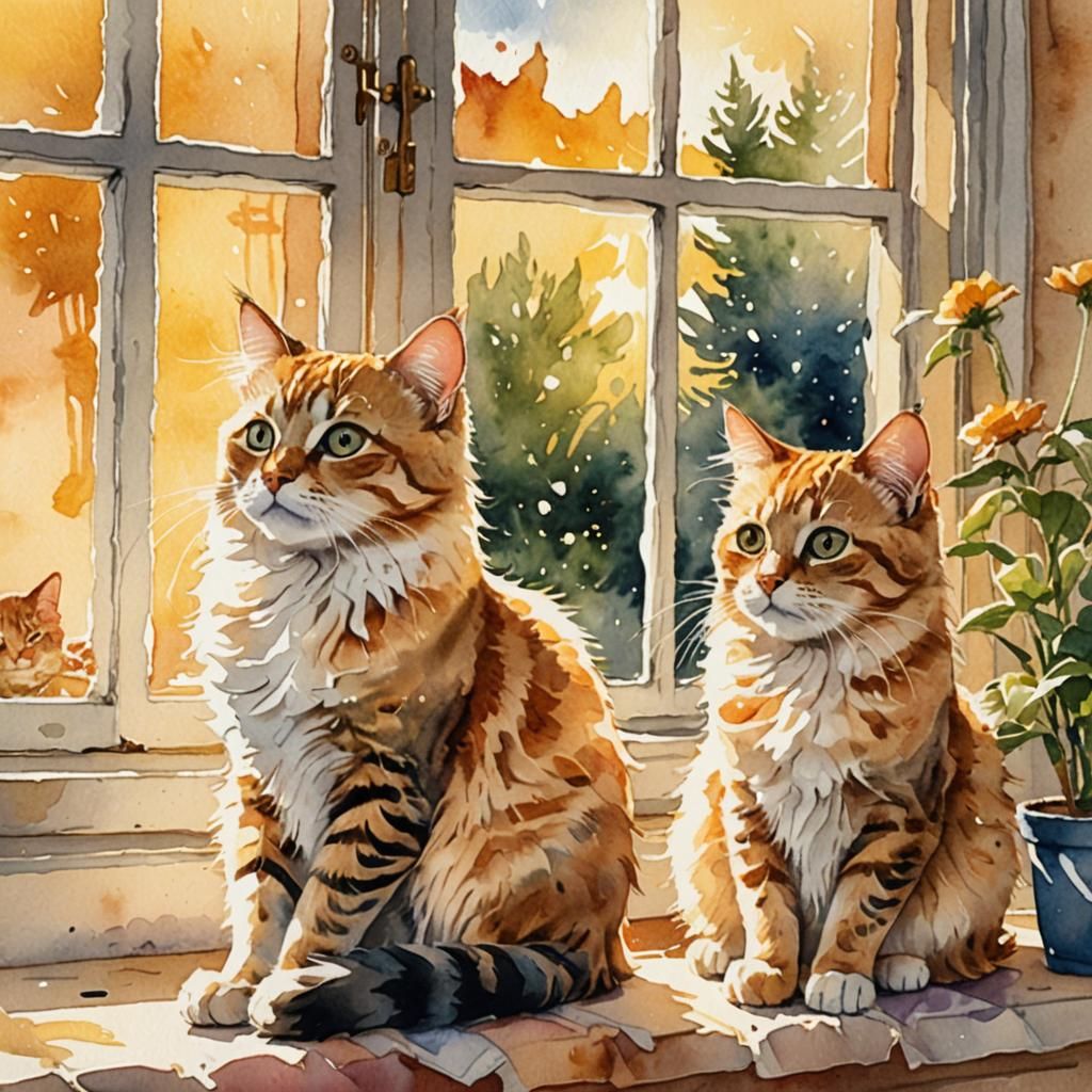 Whimsical Cat Illustration in Watercolor Style