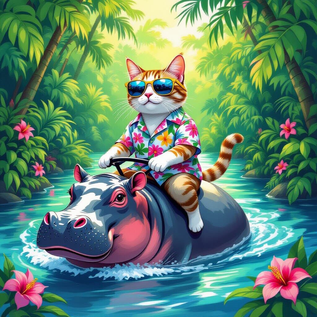 Cat Rides Hippo in Amazon River, Colorful Art Style