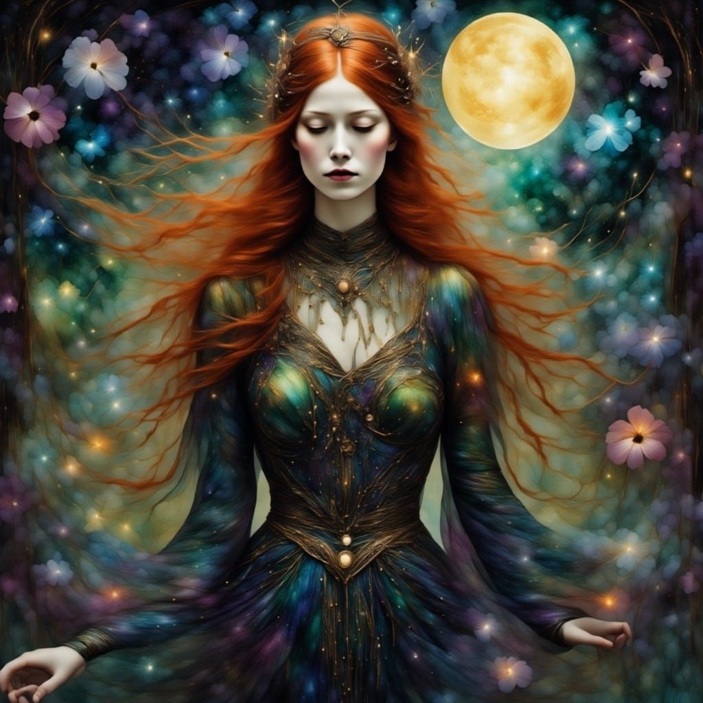 Red-Haired Witch Queen in Moonlit Battlefield