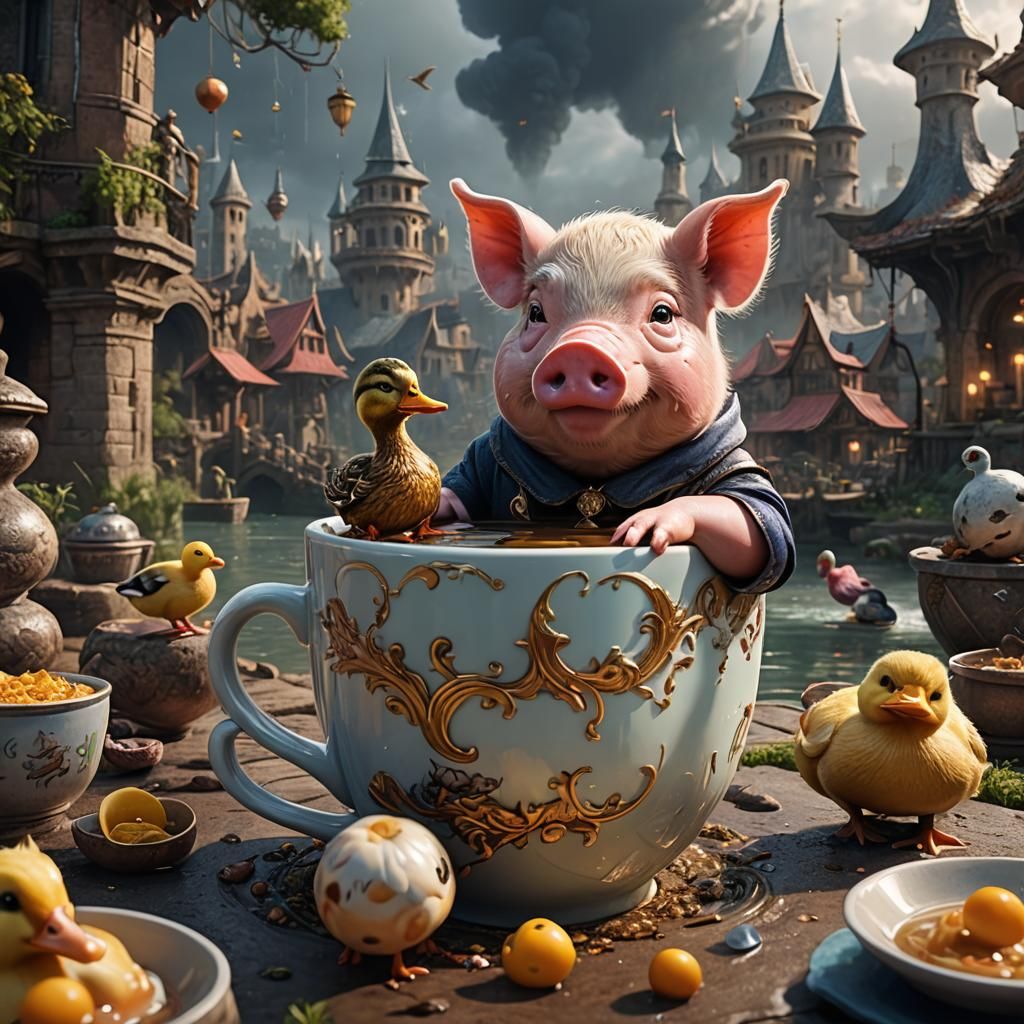 Pig and Duck in a Cup: Detailed Matte Painting