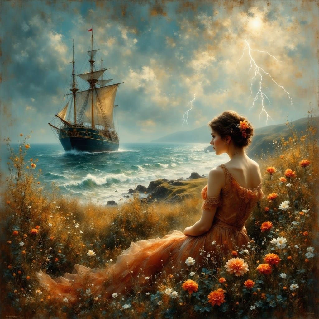 Woman Overlooking Stormy Harbor in 1920s Style