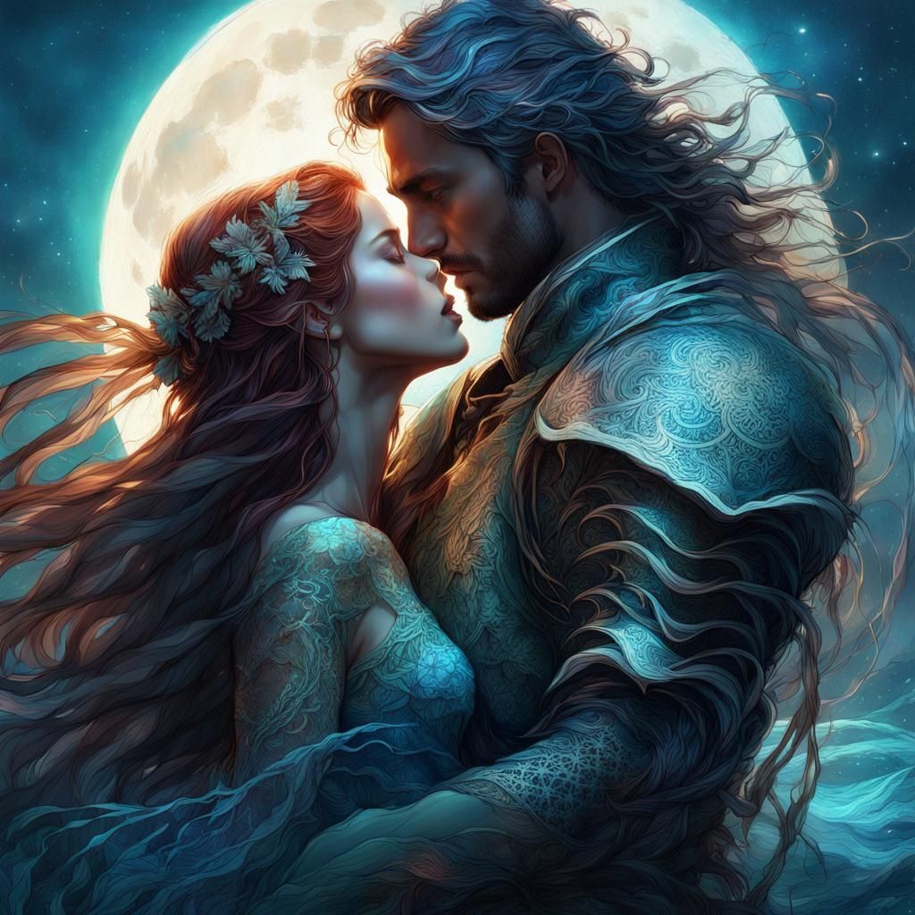Knight and Mermaid in Moonlit Embrace: Digital Art