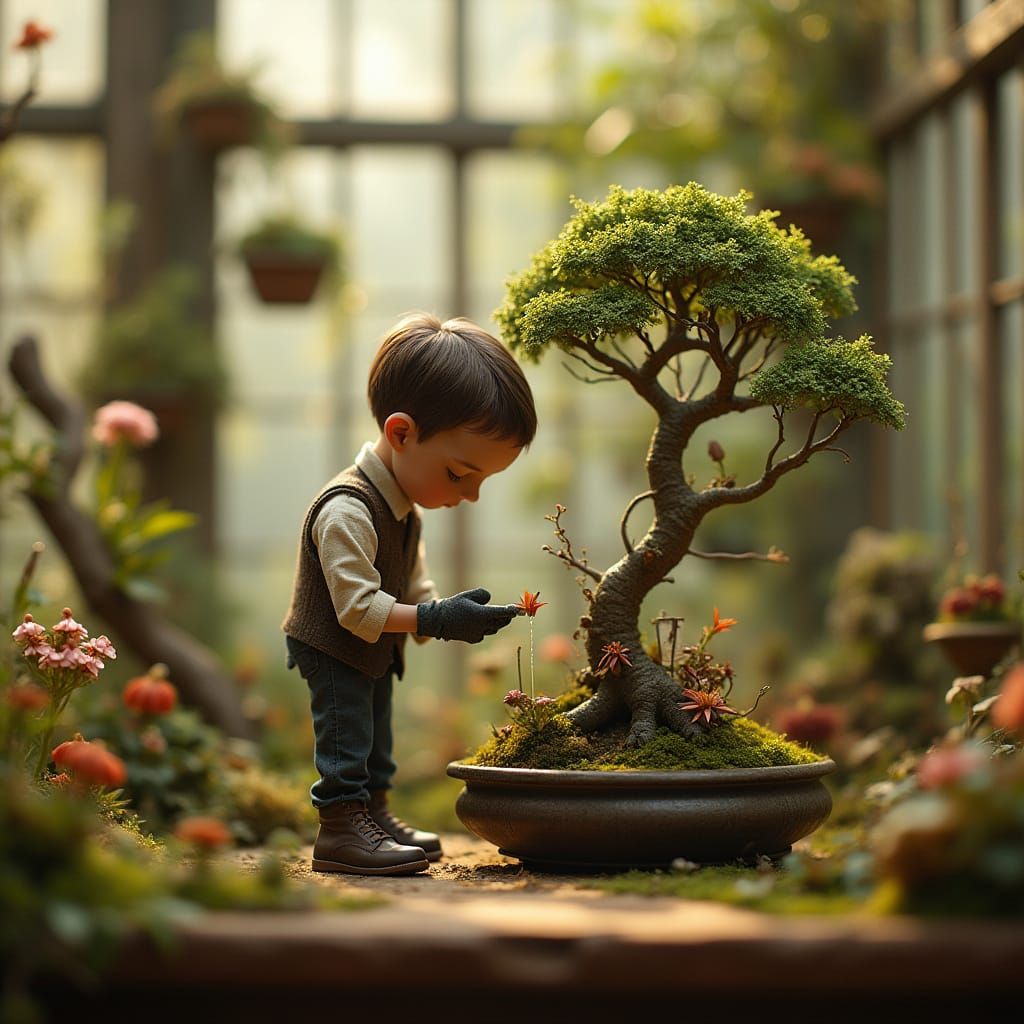 Clockwork Bonsai in Miniature Greenhouse: Steampunk Art