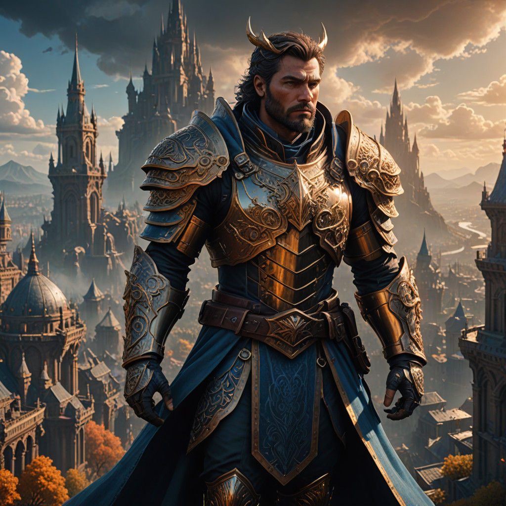 Hyper-Realistic Fantasy Warrior Stands Proud in Majestic Cit...