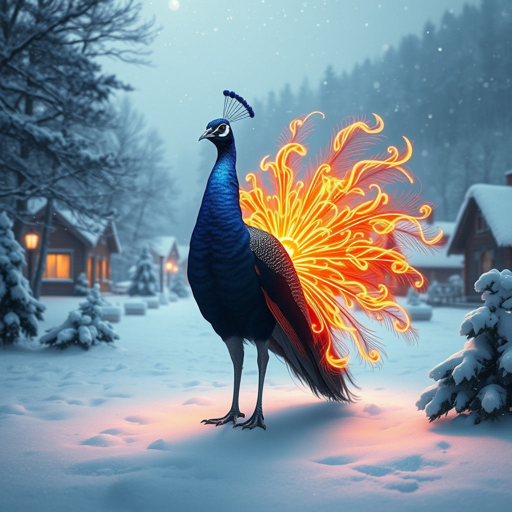 Neon Peacock in Snowy Village, Digital Art