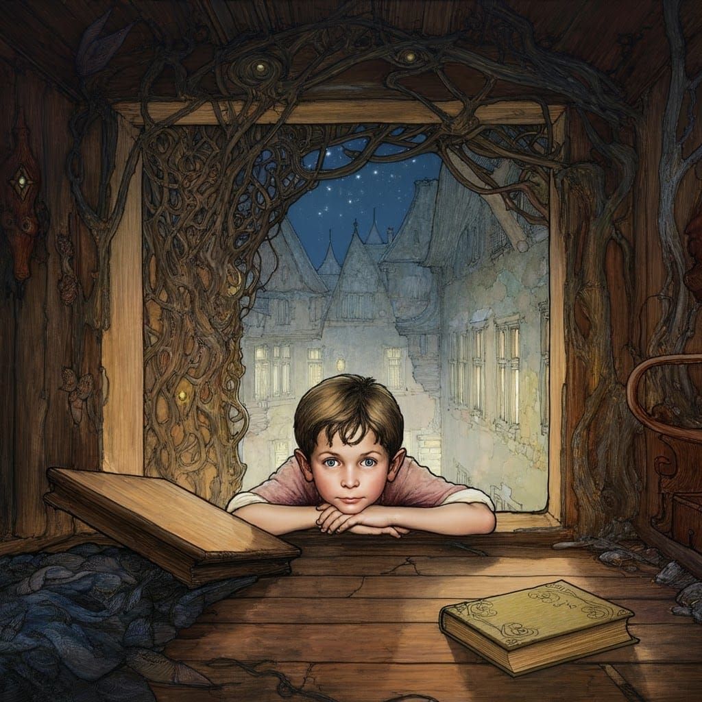 Child Gazing Through Hatch: Art Nouveau Illustration