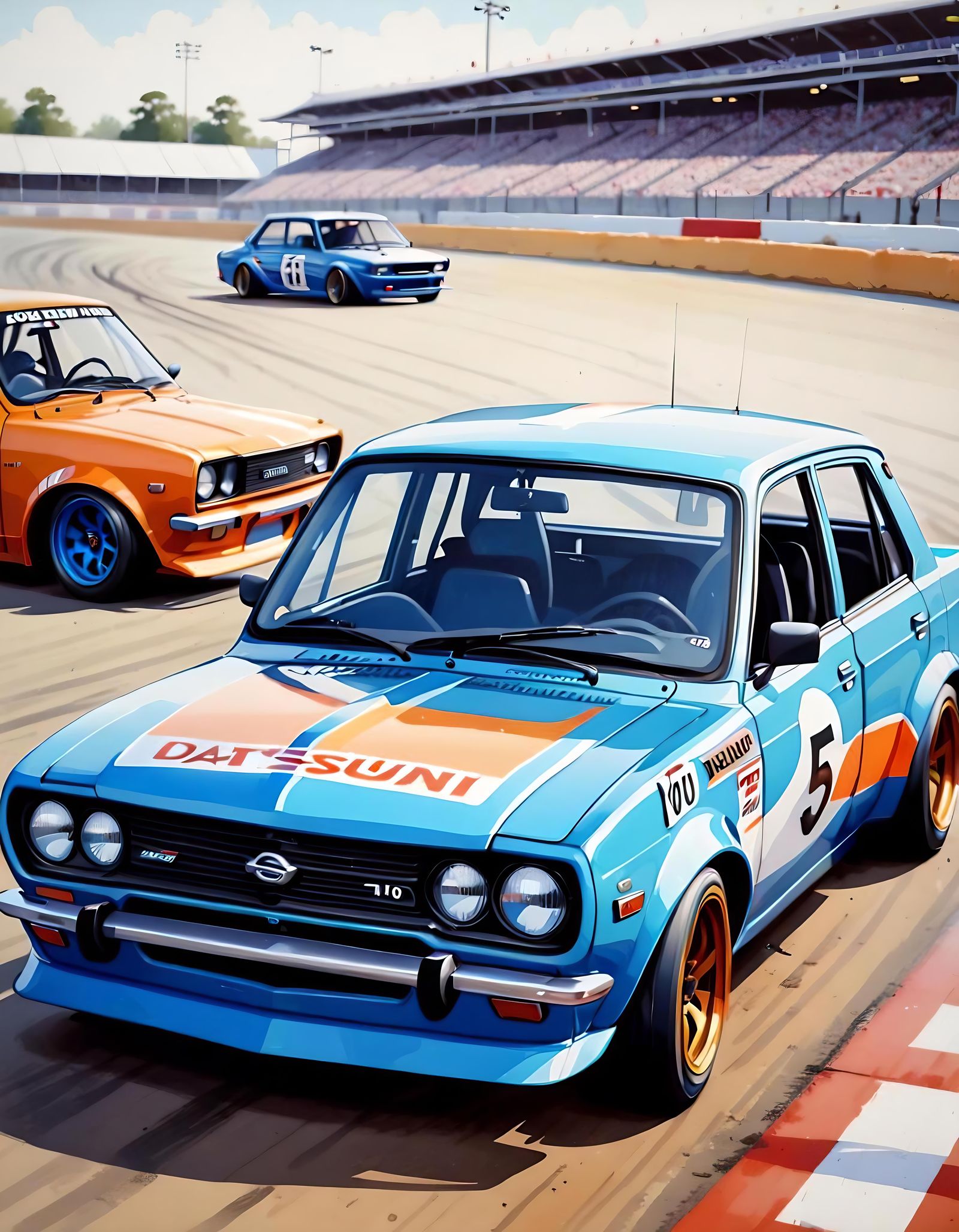 Racing Datsun 510 in Gouache Painting Style