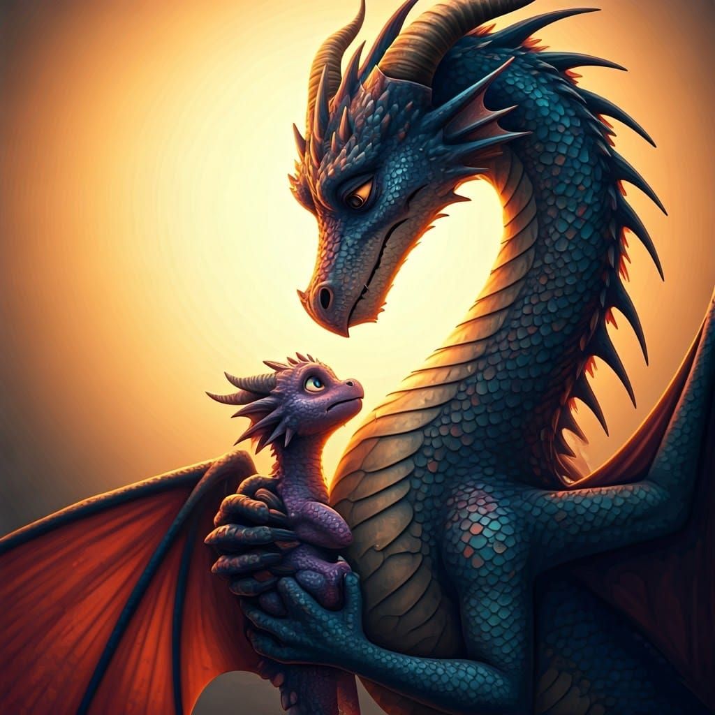 Majestic Mother Dragon Protects Her Shivering Daughter