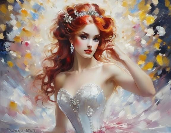 Red-Haired Bride in Tulle with Floral Elements