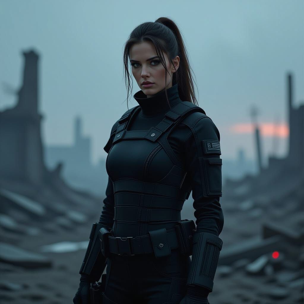 Nell Gallows in Ruined Landscape: Gritty Futuristic Art