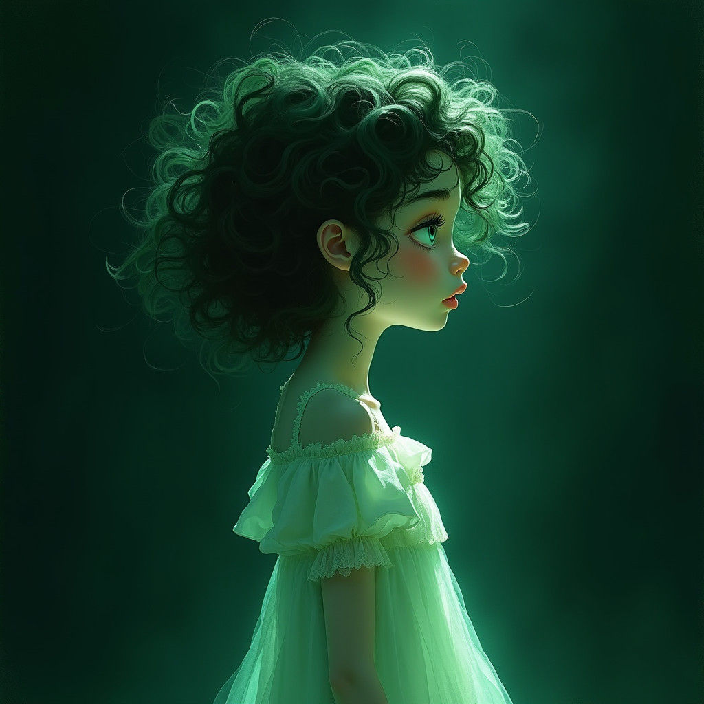 Ethereal Green Haired Girl in Flowing Gown Under Luminescent...