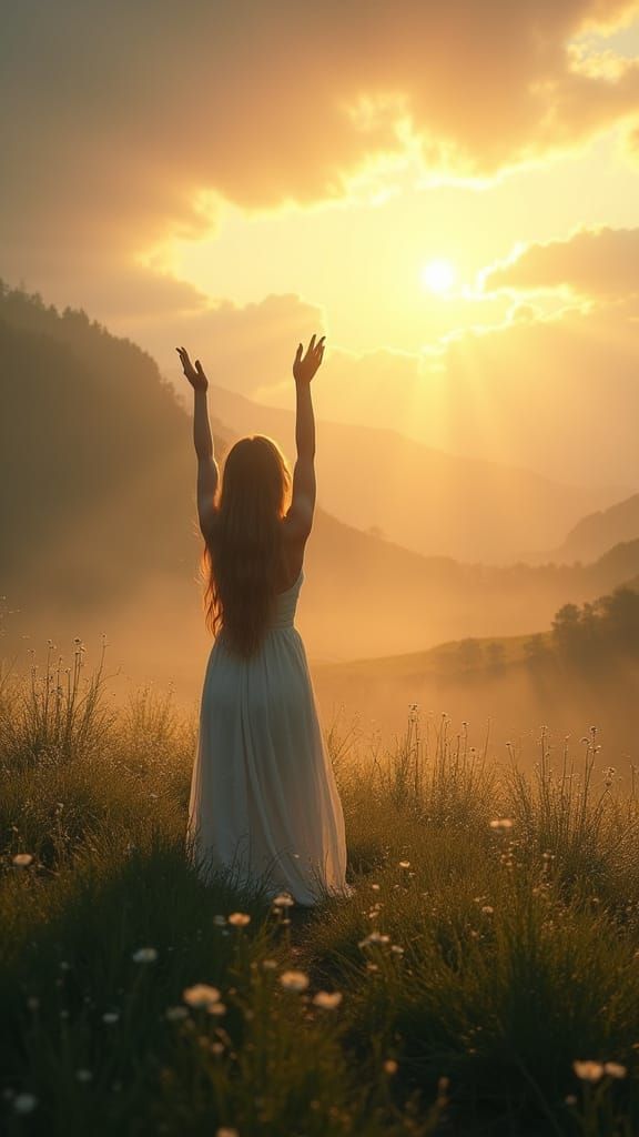 Nordthra Woman in Misty Valley Sunrise