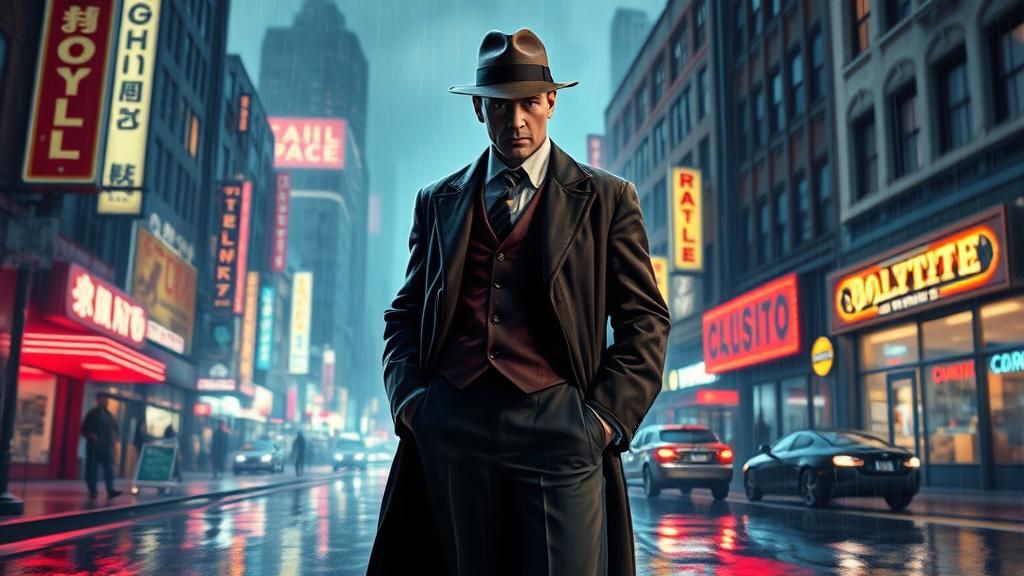 1930s Hollywood Detective in Rain-Soaked Cityscape