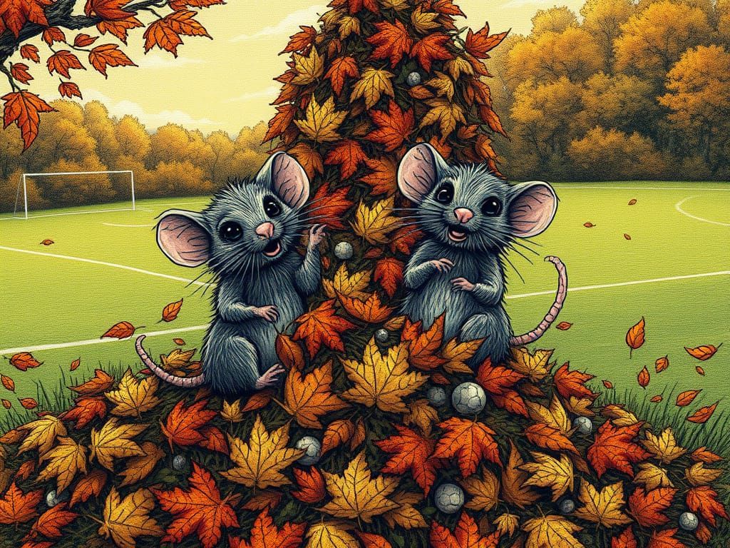 Whimsical Rats in Autumn Leaves on Soccer Field