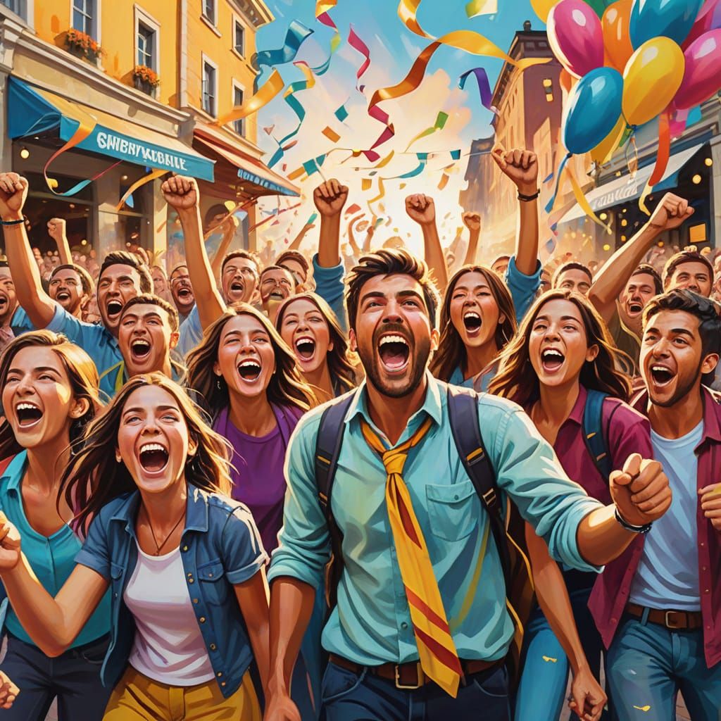 Vibrant Street Art: Crowd Shouting in Golden Hour