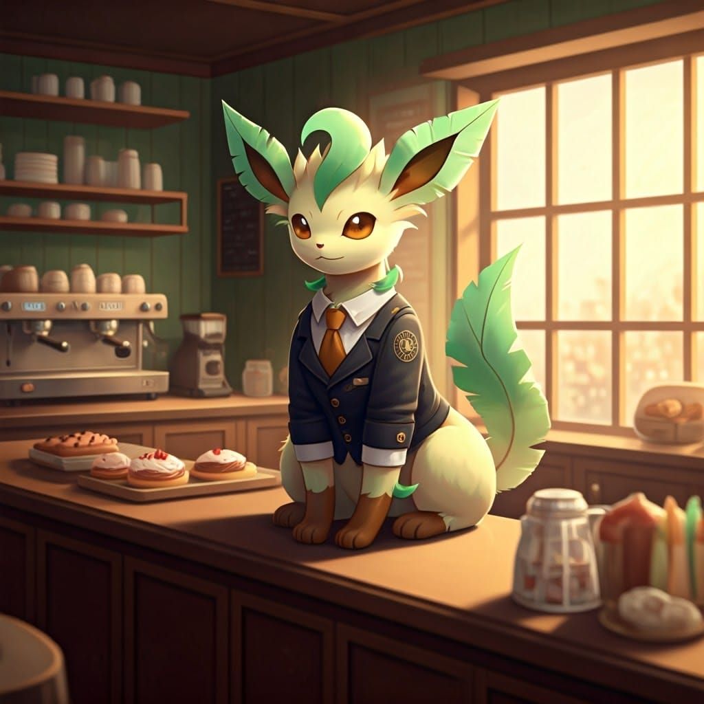 Anime-Inspired Café Scene with Majestic Leafeon
