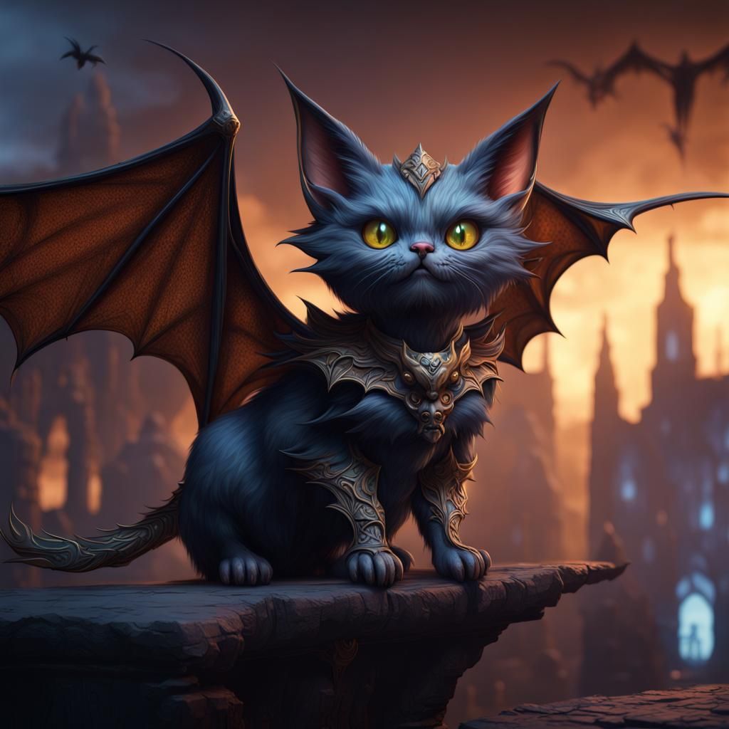 Fantastical Bat Cat in Detailed Matte Painting