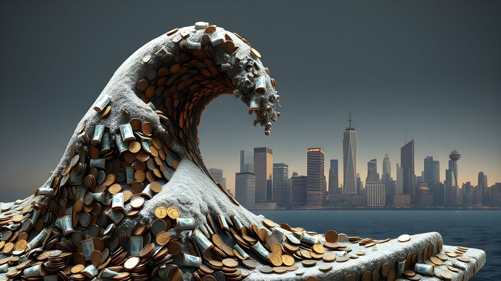 Crashing Wave Sculpture in Dystopian Metropolis