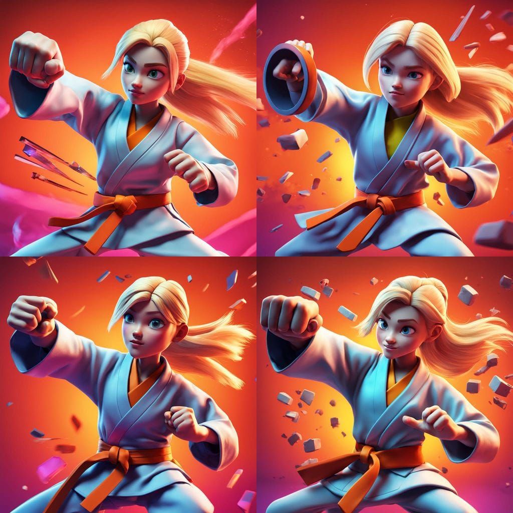 Karate Girl Blocks in Pixar-Style 3D Rendering