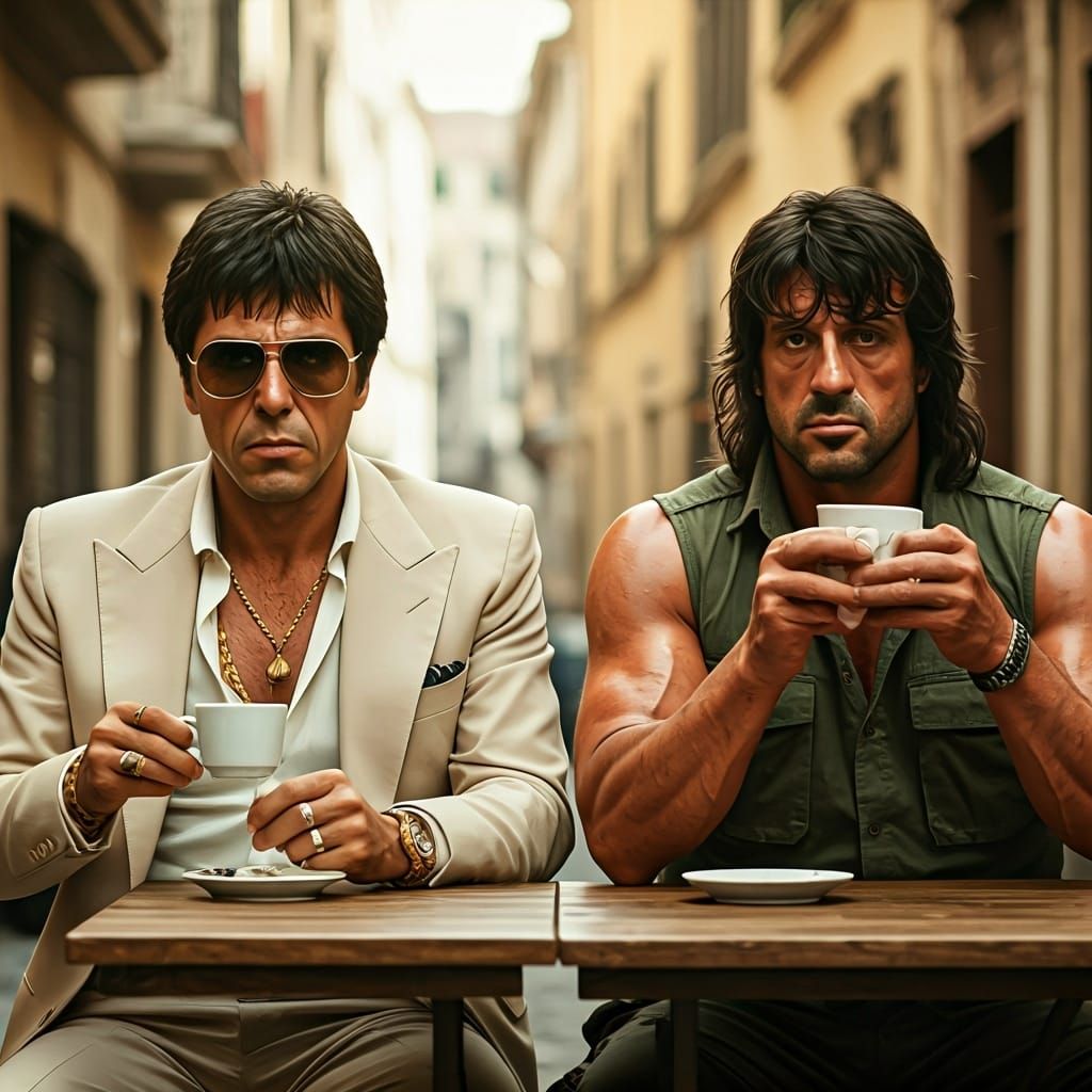 Ultra-realistic 8K cinematic scene depicting two iconic characters: Tony Montana and John Rambo, seated at a rustic outd...