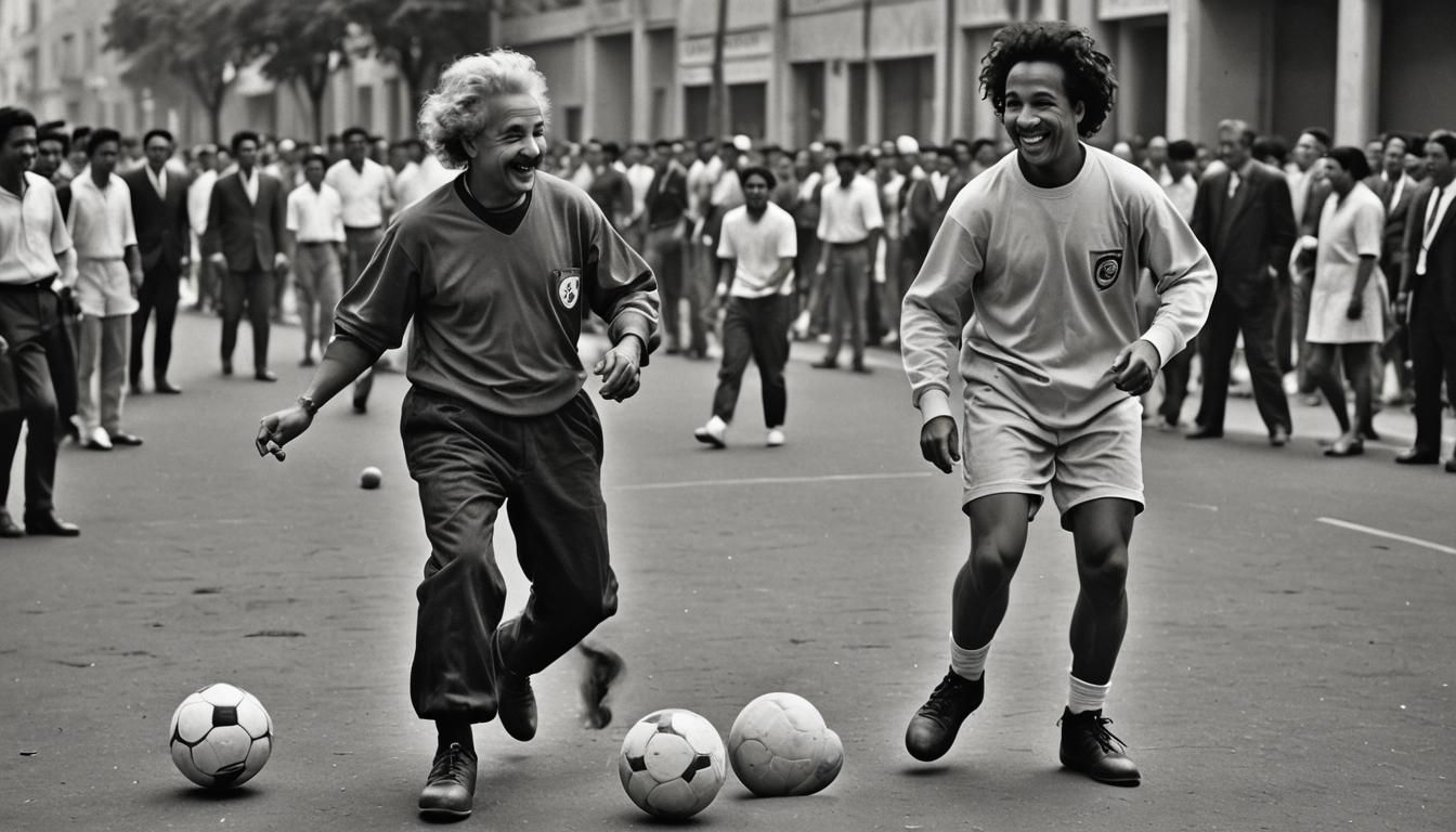 Albert Einstein playing street soccer with Ruud Gullit
