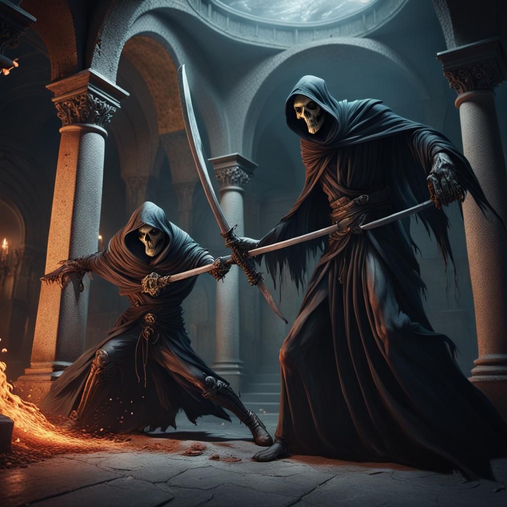 Man Battles Grim Reaper in Crypt: Detailed Matte Painting